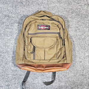 VTG 90s Eastpak Canvas Green Brown Daypack Backpack with Leather Bottom Great